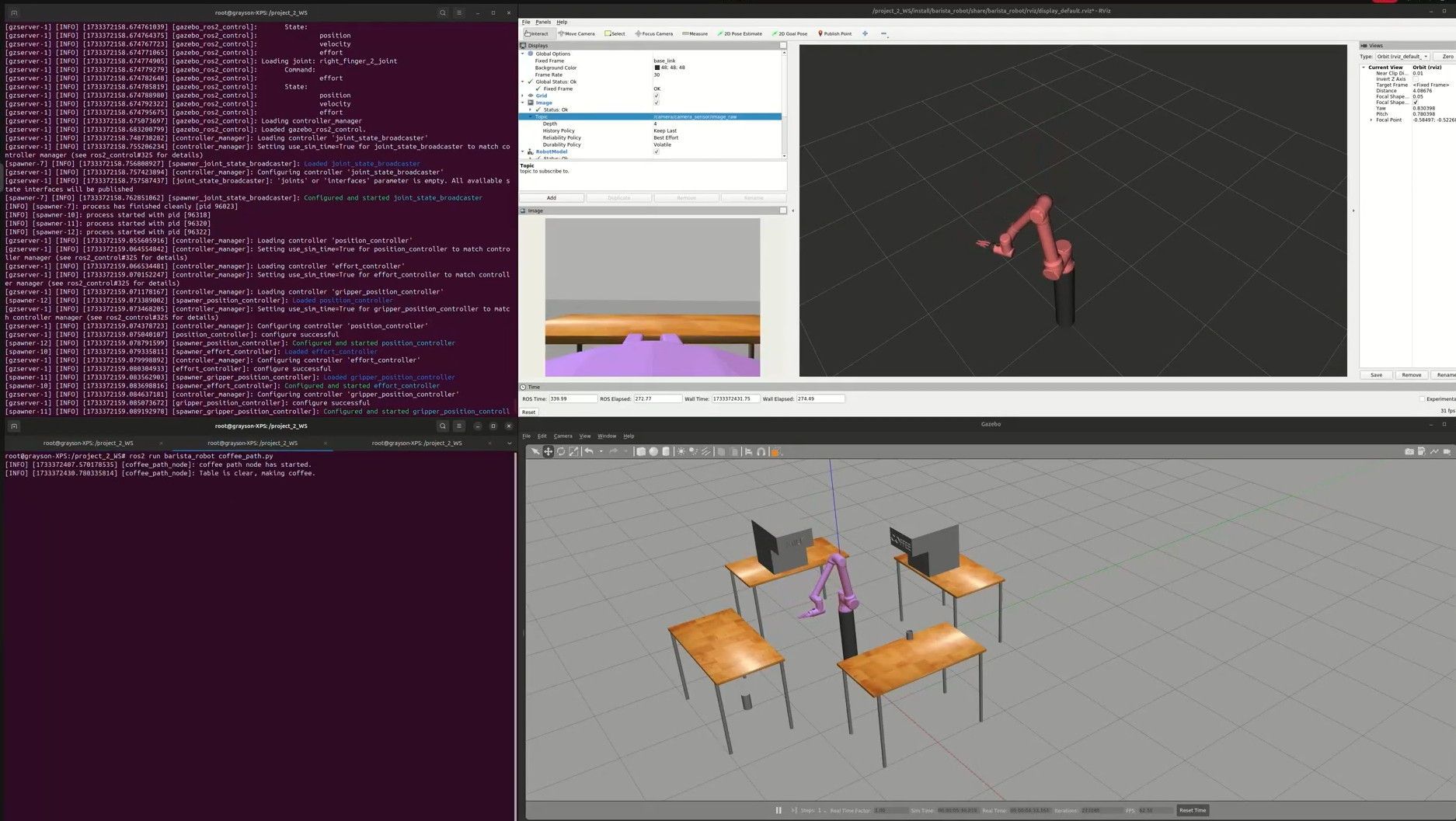 Autonomous 6-DOF Barista Robot Gazebo simulation, RViz perception, and ROS 2 control console