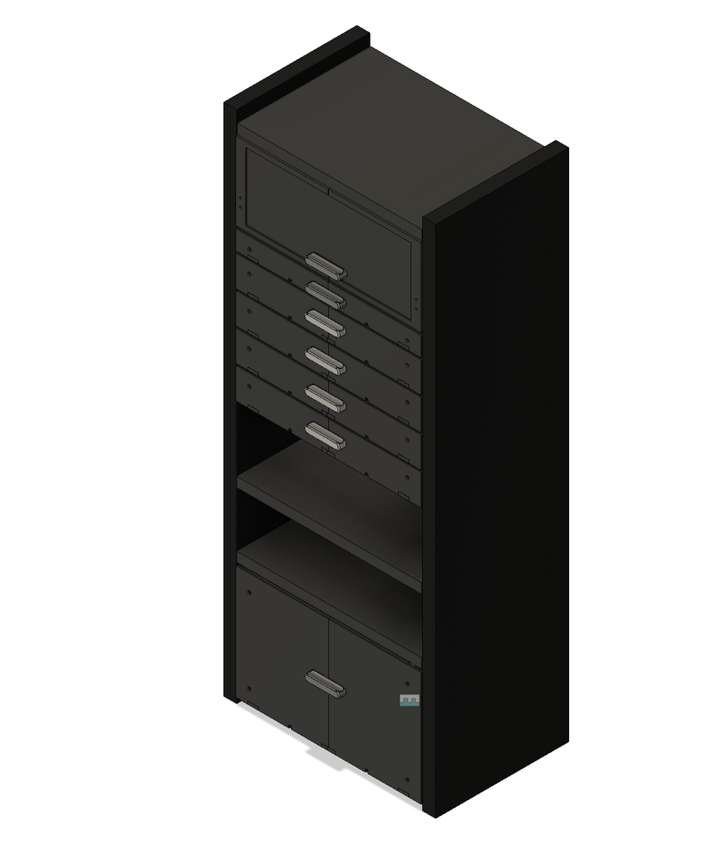 Fusion 360 assembly model of the modular storage system inside the Ikea Billy Bookcase