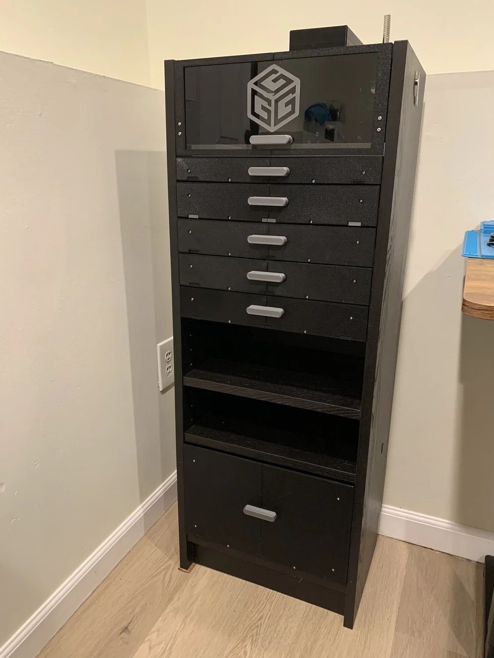 Fully assembled custom modular storage system installed in the Ikea Billy Bookcase