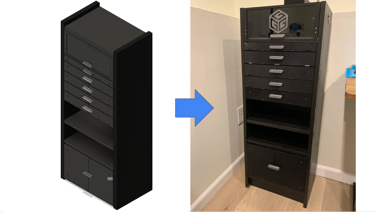 Custom 3D-printed modular storage drawers inside an Ikea Billy Bookcase