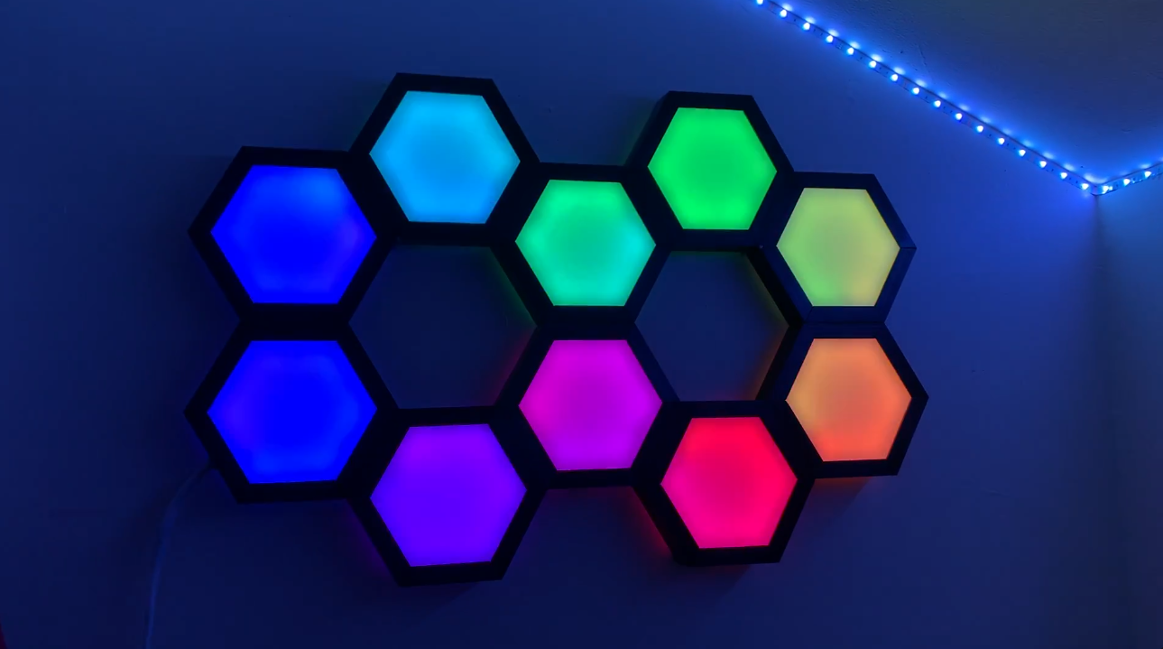 Full view of illuminated custom hexagonal NanoLeaf LED array